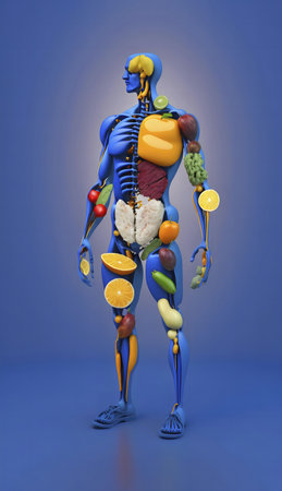3D model of human body made of fruits and vegetables. Concept of healthy eating and nutrition.の写真素材