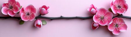 A delicate branch of pink blossoms against a soft pink backdrop.の写真素材