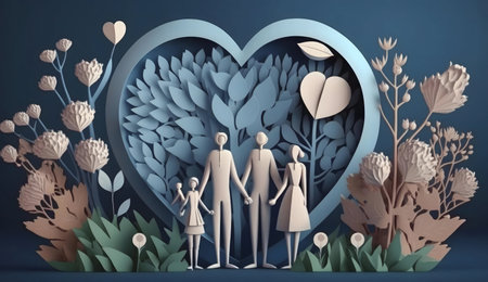 A papercut illustration depicting a family of four within a heart shape, surrounded by flowers and plants.の写真素材