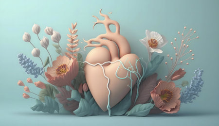 A 3D rendered image of an anatomical heart nestled amongst pastel flowers. A beautiful and serene illustration.の写真素材