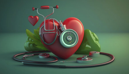3D render of a heart with medical equipment, emphasizing cardiovascular health.の写真素材