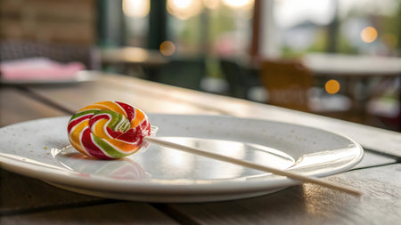 A single, colorful lollipop rests on an empty plate, situated on a wooden table in a restaurant.の写真素材