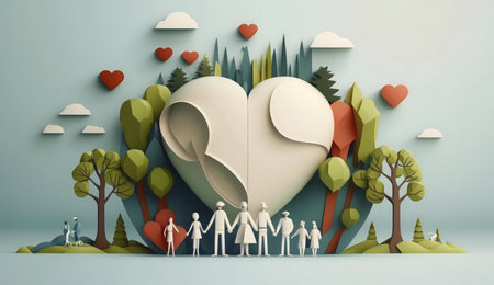 A heartwarming papercraft illustration depicting a family in a loving embrace, surrounded by nature, symbolizing peace and unity.の写真素材