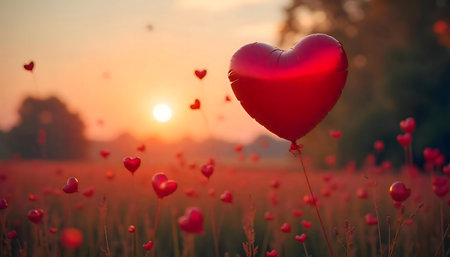 Red heart-shaped balloons float in a field at sunrise. A scene of romance and love.の写真素材