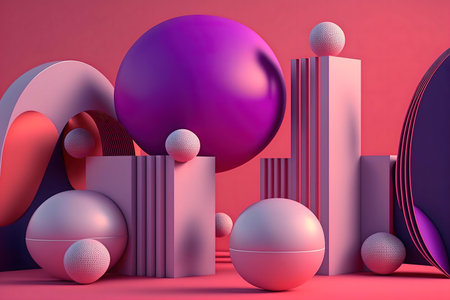 A vibrant 3D render featuring pink and purple geometric shapes.