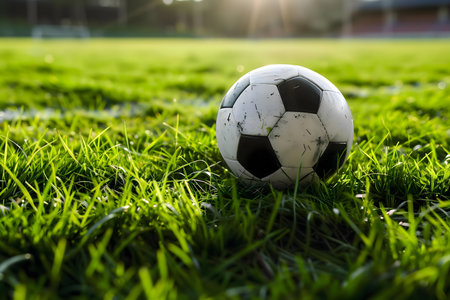 A well-worn soccer ball rests on a vibrant green field, bathed in the warm glow of sunlight.の写真素材