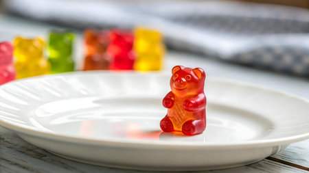 A single red gummy bear sits on a white plate, other gummy bears are out of focus in the background.の写真素材
