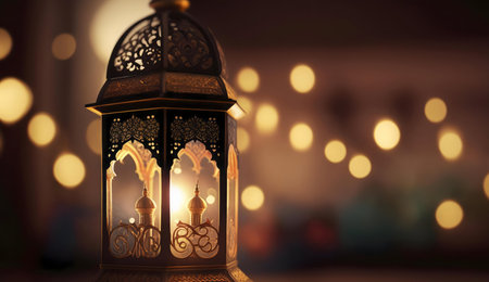 Intricate Ramadan lantern glowing softly against a bokeh background.