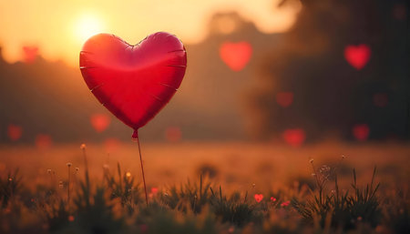 Red heart-shaped balloon in a field at sunrise. Romantic and peaceful atmosphere.の写真素材