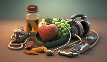 A still life depicting a healthy lifestyle. A heart-shaped apple, grapes, a stethoscope, headphones and oil are displayed.の写真素材