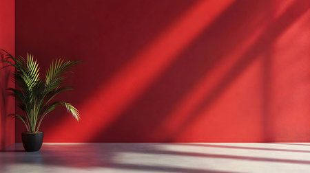 A minimalist room with red walls, sunlight and a green plantの写真素材