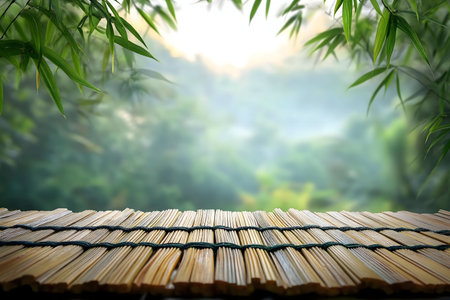 Bamboo leaves frame a tranquil, misty forest scene. A bamboo mat provides a foreground for peaceful contemplation.の写真素材