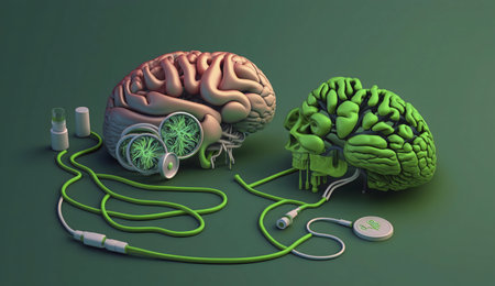 Two brains connected by a neural network, symbolizing the interconnectedness of the mind.