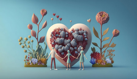 A 3D rendered image depicting a large heart formed by flowers, with two adults and a child holding hands in front, symbolizing family love and unity.の写真素材