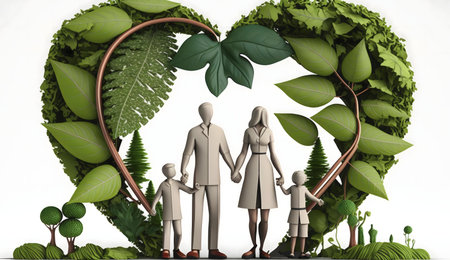 A 3D illustration depicting a family standing within a heart-shaped frame of lush greenery, symbolizing family, nature, and environmental conservation.の写真素材