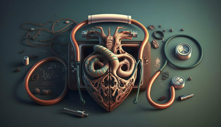 A surreal 3D render of a heart intertwined with a snake, surrounded by medical instruments.の写真素材