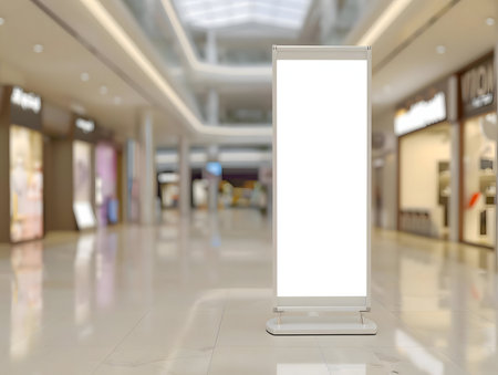 Empty signage in a bright shopping mall. Ideal for advertising or marketing mockups.の写真素材