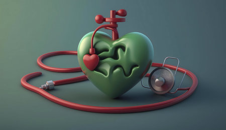 3D rendering of a green heart connected to a red stethoscope, symbolizing heart health and medical care.の写真素材