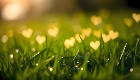 Golden hearts scattered in morning dew. Serene sunrise nature scene.の写真素材