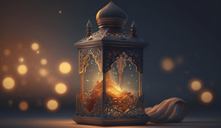 A beautifully crafted Ramadan lantern, glowing with warm light, symbolizing hope and faith.の写真素材