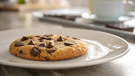 Close-up of a chocolate chip cookie on a white plate.