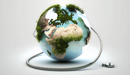 A 3D rendering of Earth with lush greenery, encircled by a stethoscope, symbolizing global healthcare and environmental harmony.の写真素材
