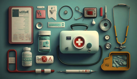 A meticulously arranged flat lay showcasing vintage medical equipment, reminiscent of a bygone era of healthcare.の写真素材