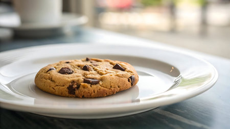 A tempting chocolate chip cookie rests on a pristine white plate. A perfect treat!