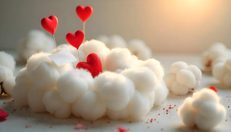 Red hearts on a fluffy white cotton cloud. Romantic Valentine's Day concept.の写真素材