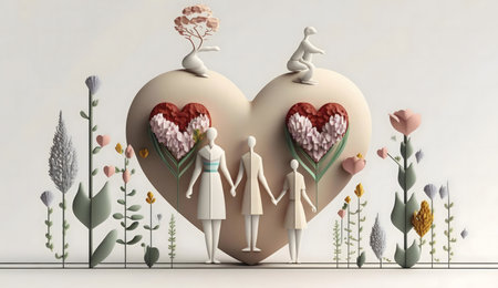 A 3D artwork depicting a family amidst beautiful flowers, symbolizing love and unity.の写真素材