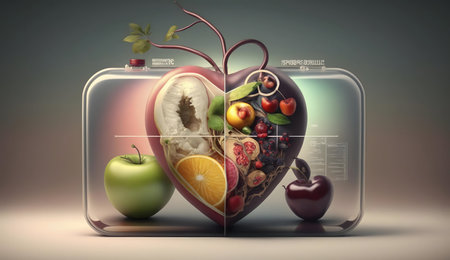 Digital art showcasing a heart filled with fruits, symbolizing healthy eating and nutrition.の写真素材