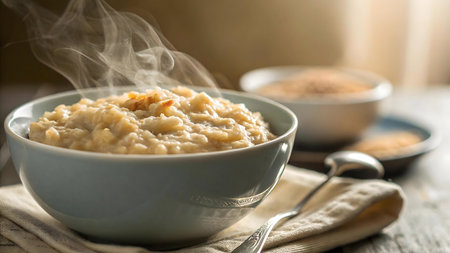 A steaming bowl of oatmeal, perfect for a healthy breakfast.の写真素材