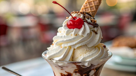 A close-up of a decadent sundae. Creamy vanilla ice cream, topped with whipped cream, a bright cherry, and a waffle cone.の写真素材