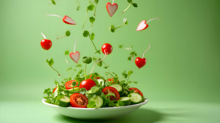 A vibrant salad with heart-shaped radishes, floating tomatoes and cucumbers. Healthy and delicious.の写真素材