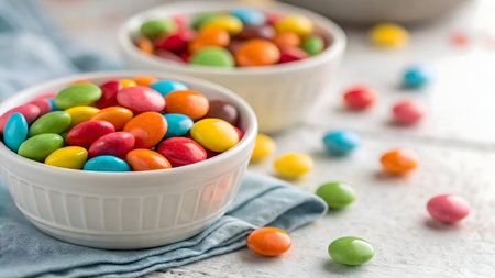 Close-up of colorful candies in white bowls. A vibrant and sweet treat.