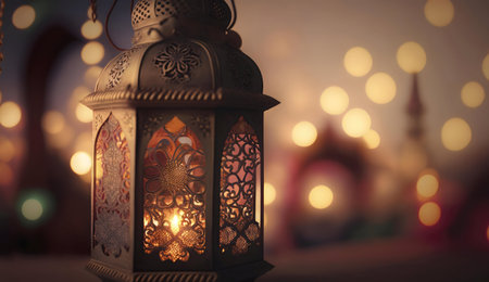 A lit Ramadan lantern glows beautifully against a background of warm lights.の写真素材