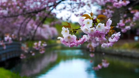 Pink cherry blossoms over a tranquil lake.の写真素材