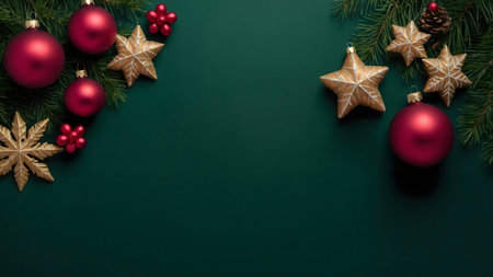 Festive Christmas background with red and gold ornaments. Perfect for cards or social media.の写真素材