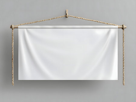 Blank white banner hanging on a rope. Perfect for your design.の写真素材