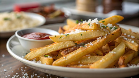 A plate of perfectly golden, crispy French fries seasoned with parmesan cheese and fresh herbs.