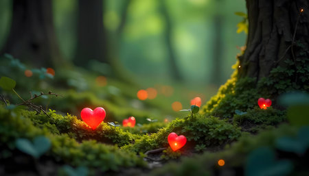 Red hearts glowing in a mossy forest. A magical, romantic scene.の写真素材