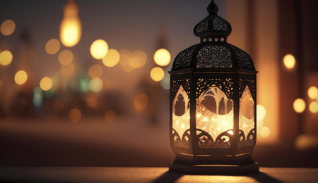 A lit Ramadan lantern glows against a softly blurred backdrop of warm city lights.