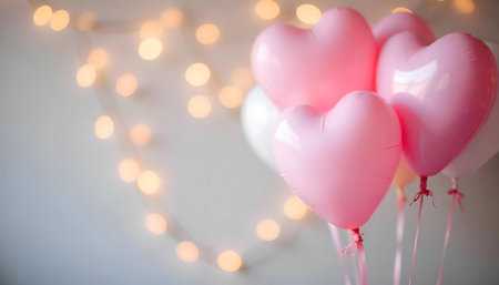 Pink heart-shaped balloons against a bokeh background of warm lights. Romantic and festive.の写真素材