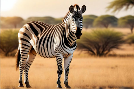 A lone zebra stands in the golden light of the African savanna.の写真素材