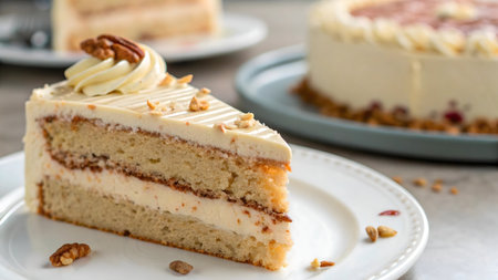 A tempting slice of pecan pie cake, layered with creamy frosting and topped with pecans.