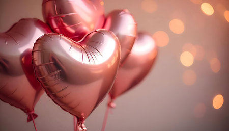 Close-up of rose gold heart-shaped balloons, perfect for Valentine's Day.の写真素材