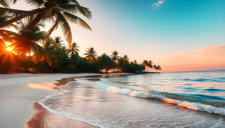 Stunning sunset over a pristine tropical beach. Palm trees line the shore as gentle waves caress the white sand.の写真素材