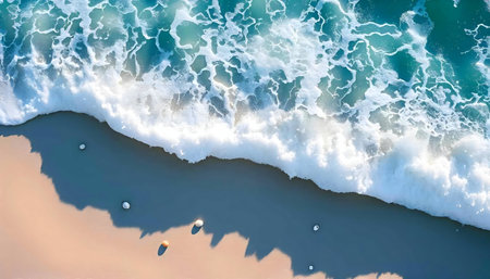 Aerial view of a wave breaking on a sandy beach. Peaceful summer vibes.の写真素材