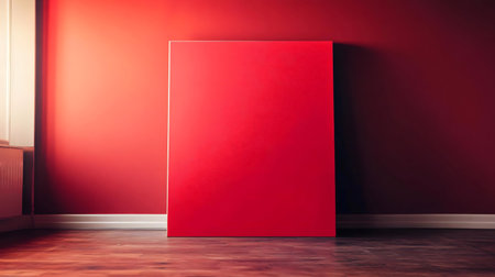 A large red canvas stands against a red wall. Minimalist interior design.の写真素材