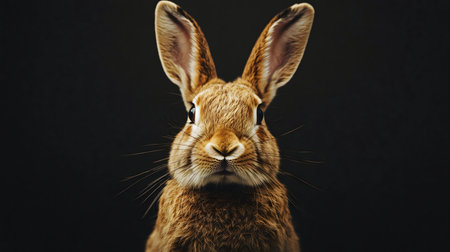 A captivating close-up portrait of a brown rabbit against a dark background. Its intense gaze draws the viewer in.の写真素材